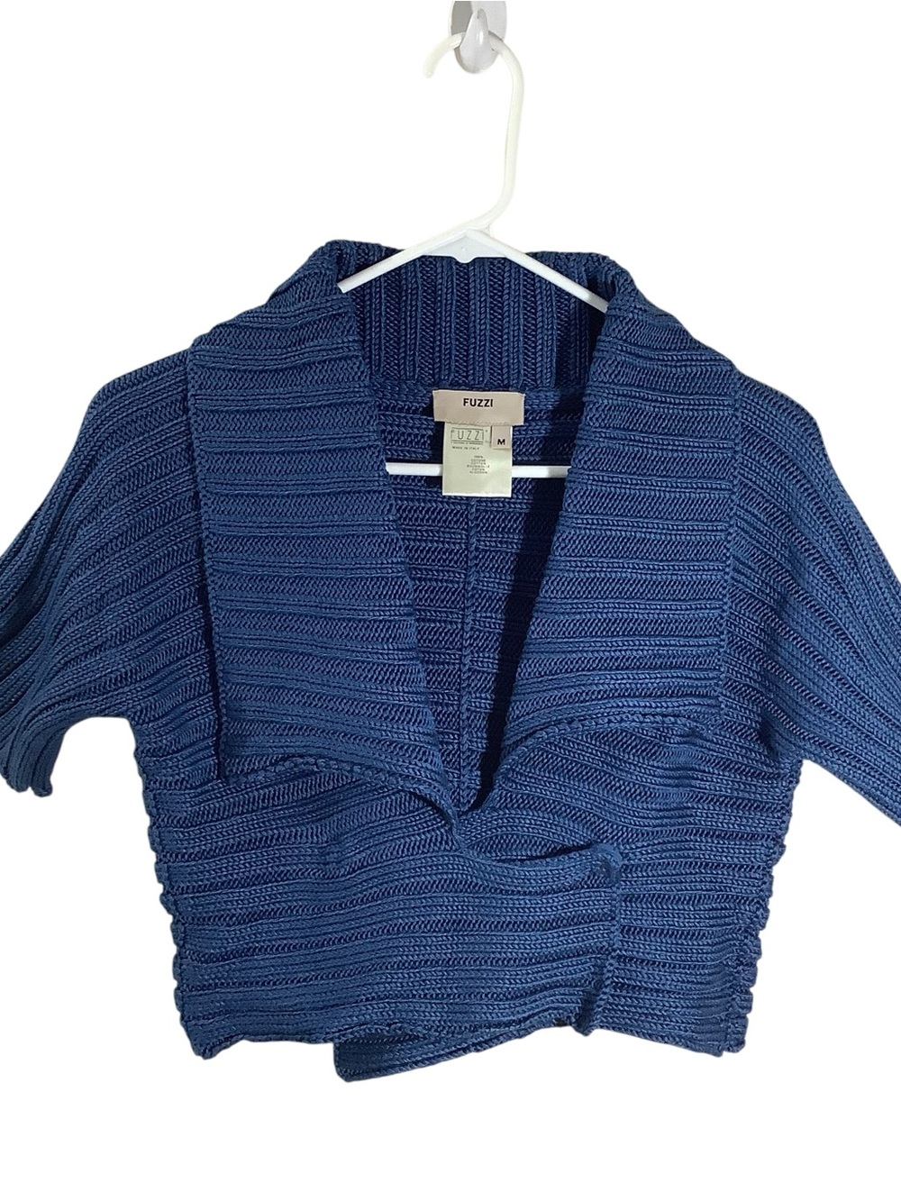 Fuzzi Blue Knit Ribbed Shawl Collar Short Cardigan Top